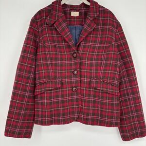 LL Bean Plaid Blazer Sz M Red Pink Brown Wool Peplum Academia 2000s Retro
